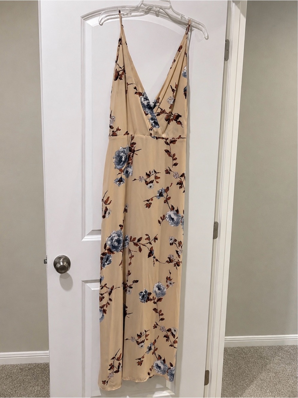 Lush Beige Maxi Dress with Blue Floral Print